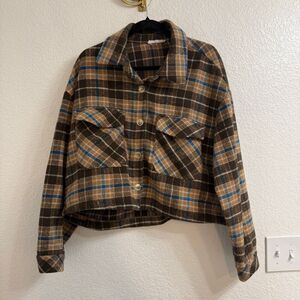 THML Cropped Plaid Brown Jacket Shacket Button Flannel- Size XL